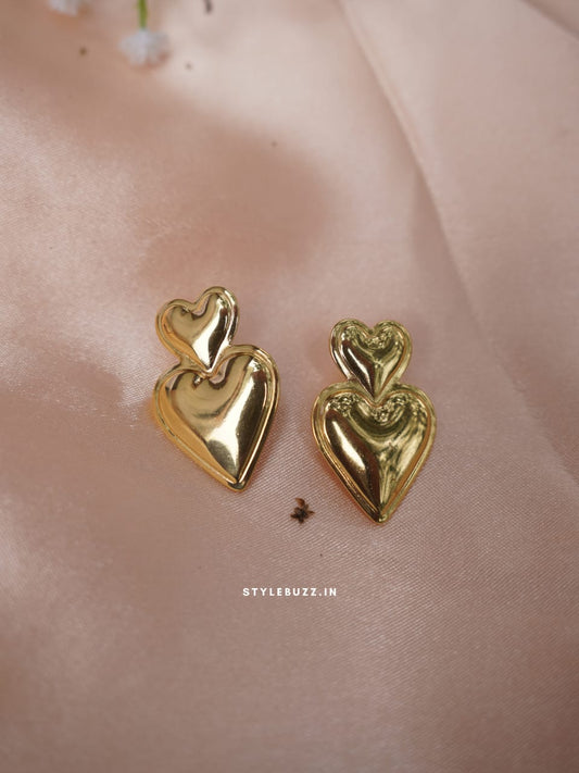 Anti Tarnish Gold Tone Double Heart Designed Earrings