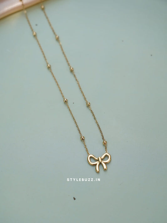 Anti Tarnish Gold Tone Fancy Bow Designed Necklace