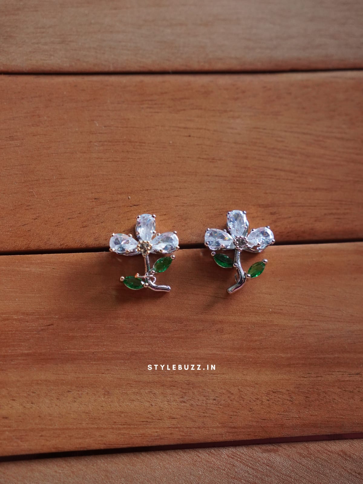 Anti Tarnish Silver Tone Flower Designed White And Green Stoned Earrings
