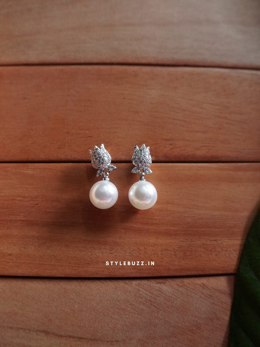 Anti Tarnish Silver Tone Lotus Pearl Designed Earrings For Woman