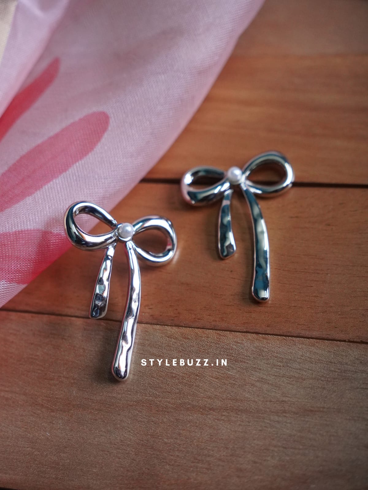 Anti Tarnish Silver Tone Stylish Bow Designed Earrings