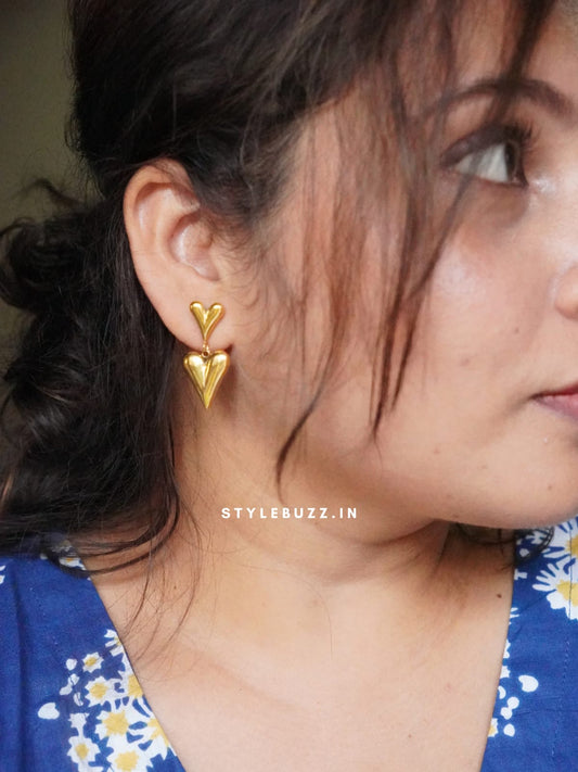 Anti Tarnish Gold Tone Puffy Heart Designed Earrings