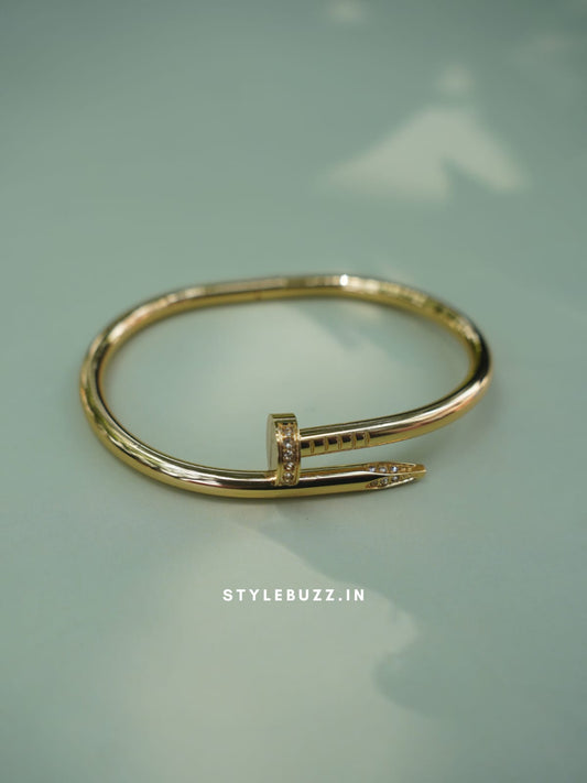 Anti Tarnish Gold Toned Nail Designed Trendy Bangle- Size 2.2