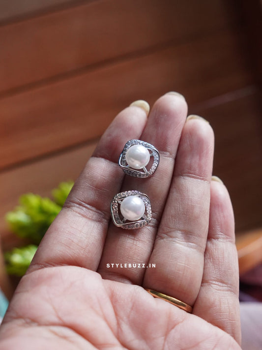 Anti Tarnish Silver Tone White Pearl Stud