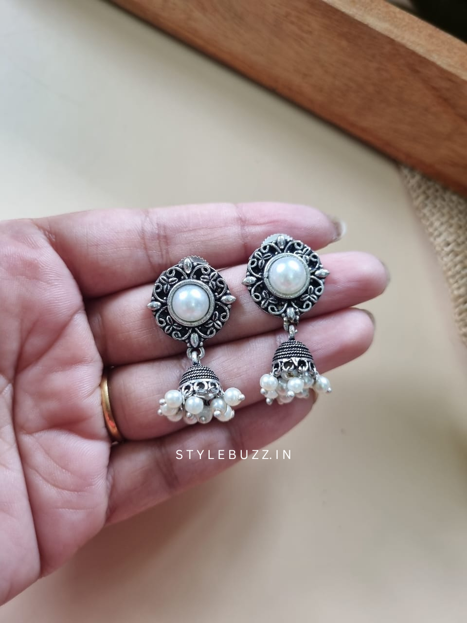 Silver Replica Jhumka With white Pearl