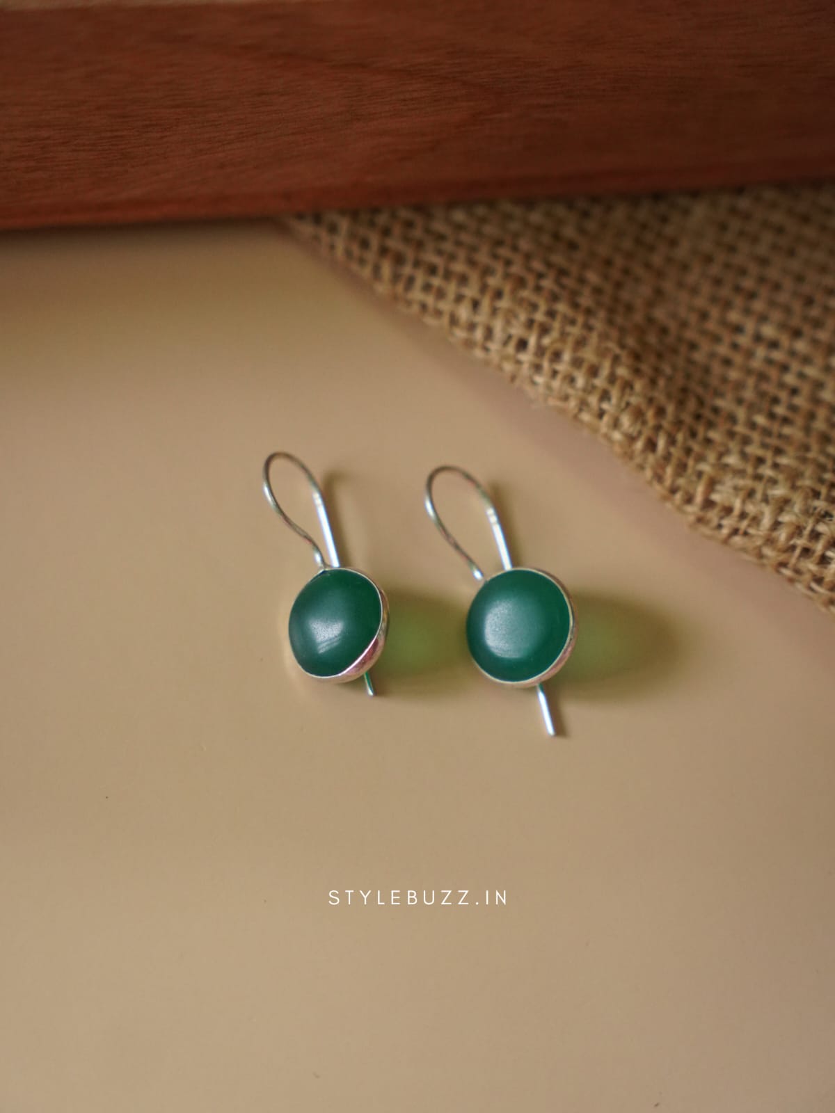 Silver Replica Green Colored Stoned Circle Shaped Earrings