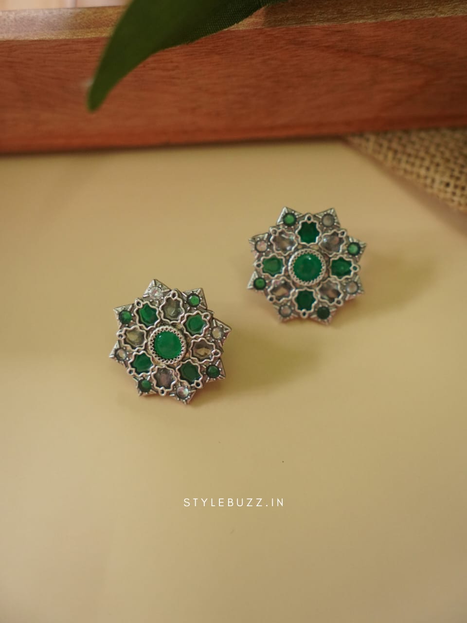 Silver Replica Green Colored Stoned Flower Designed Pretty Earrings