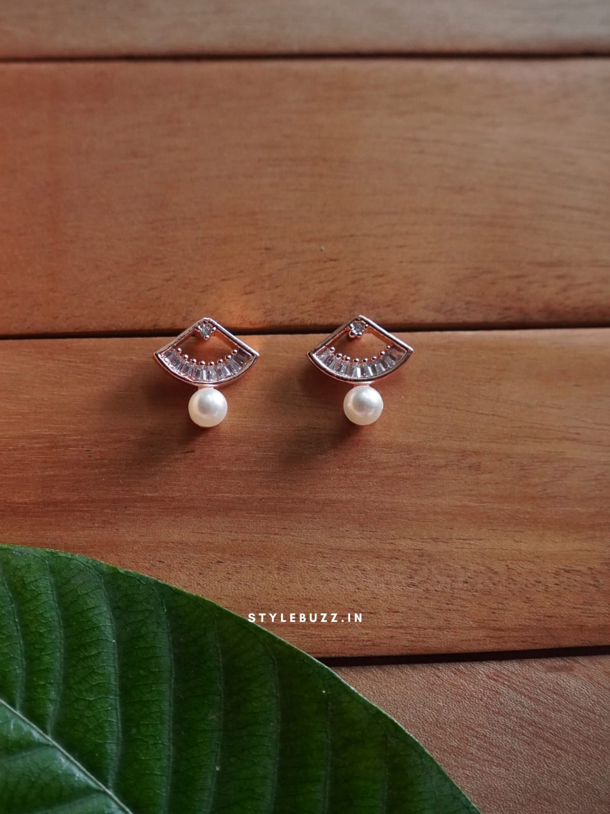 Anti Tarnish Rose Gold Tone Half Moon With Pearl Earrings