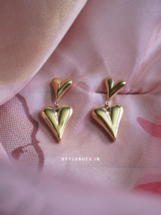 Anti Tarnish Gold Tone Puffy Heart Designed Earrings