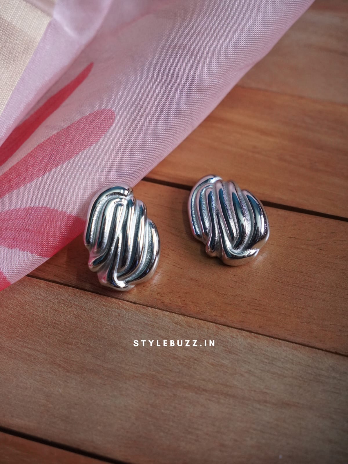 Anti Tarnish Silver Tone Stripe Shell Designed Earrings