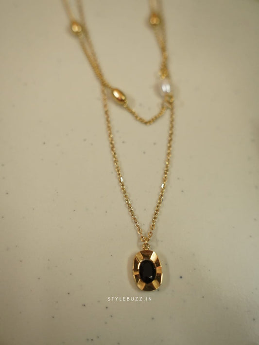 Anti Tarnish Gold Toned Oval Black Stoned Necklace With Double Chain