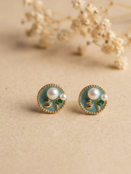 Waterproof small meenakari stud with pearl - seafoam green