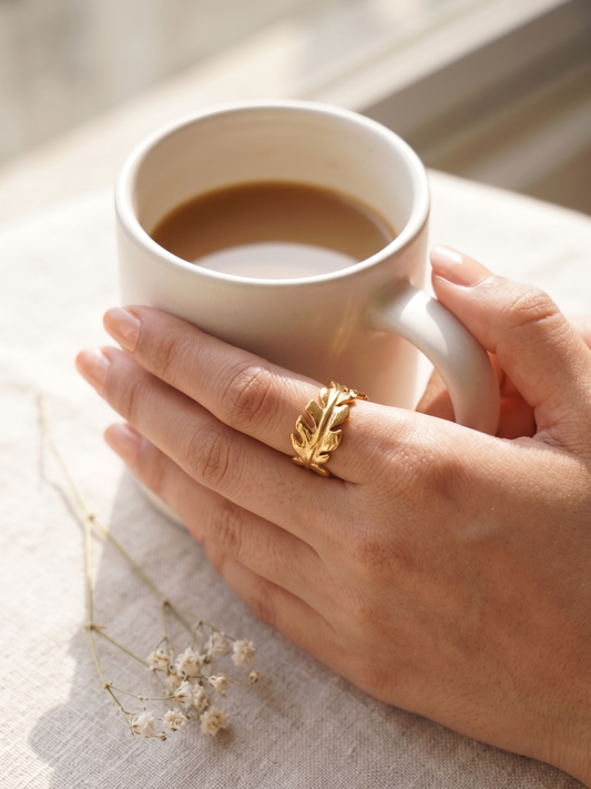 Anti Tarnish Gold Toned Leaf Designed Finger Ring For Woman