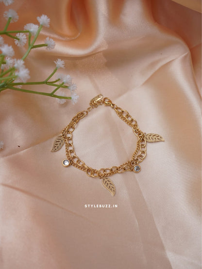 Anti Tarnish Double Layered Leaf Charm Thick Bracelet