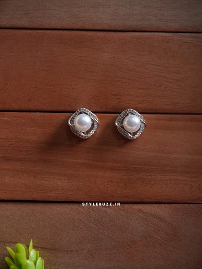 Anti Tarnish Silver Tone  White Pearl Stud