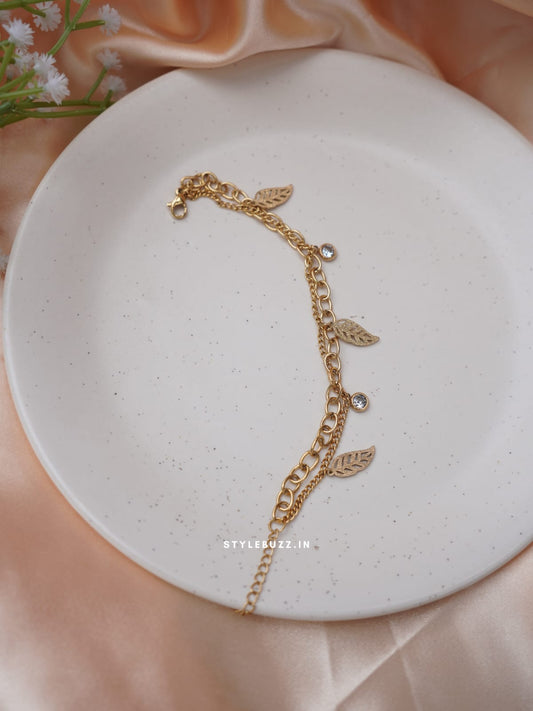 Anti Tarnish Double Layered Leaf Charm Thick Bracelet