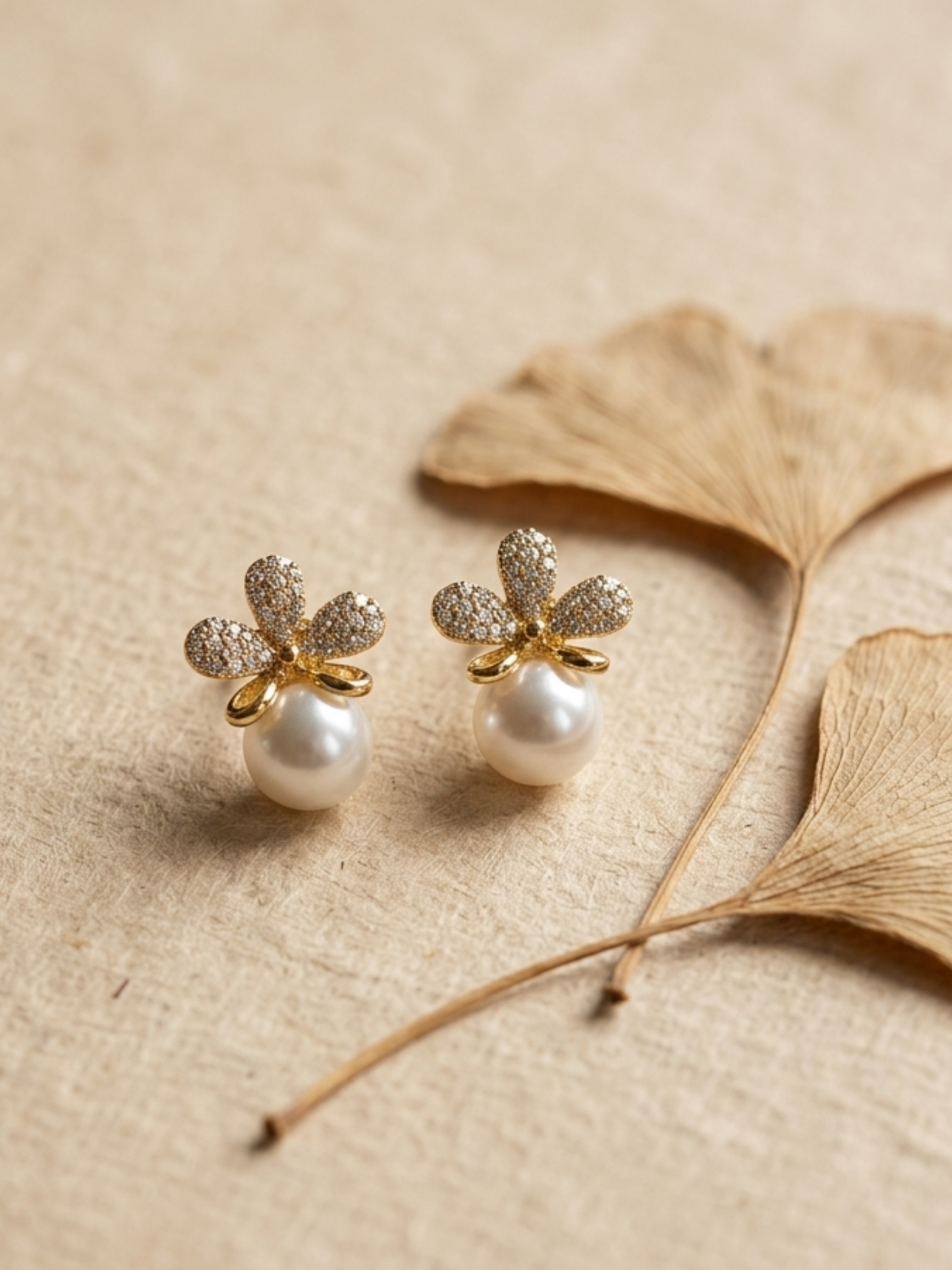 Anti tarnish flower stud with pearl drop