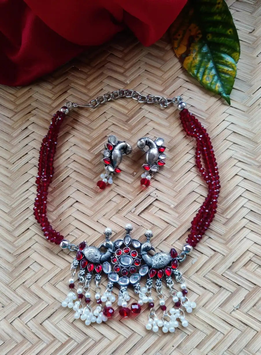 Black Polish Red Beads Peacock Choker with matching Earrings