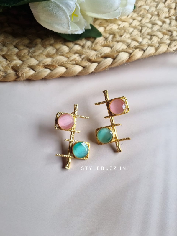 Golden Brass Earrings With Pink and Green Monalisa Stone