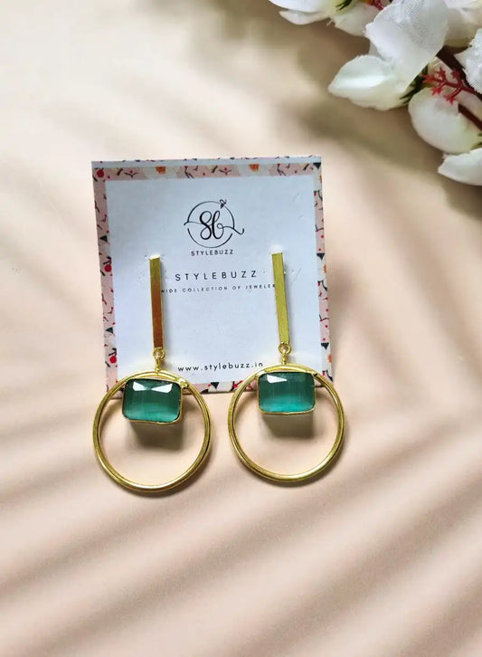 Golden Brass Geometric Sea-Green Monalisha Stone Earrings