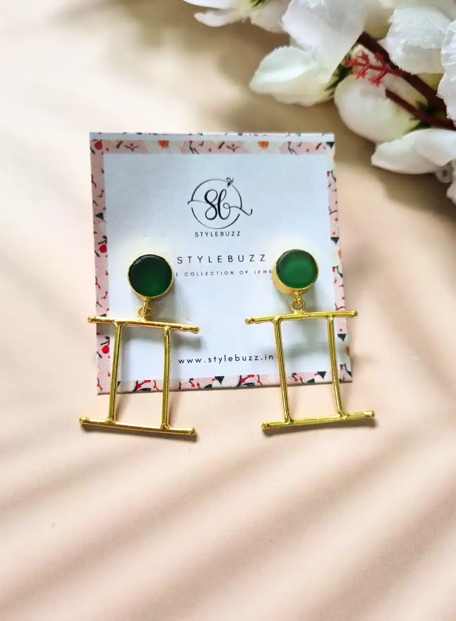 Golden Brass Classy Green Monalisha Stone Earrings