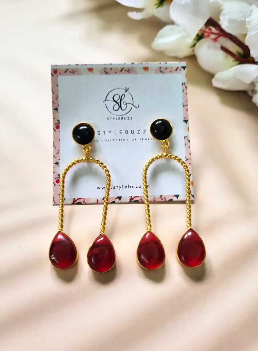 Golden Brass Red Monalisha Stone Long Earrings.