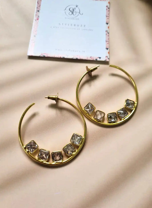 Golden Brass Artificial Stone Hoop Earrings