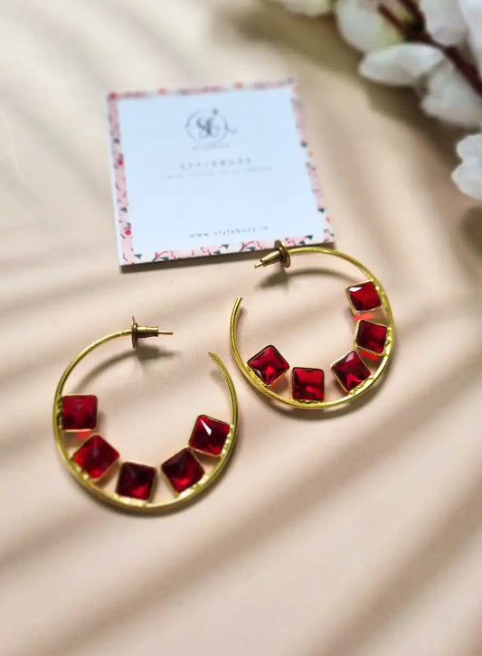 Golden Brass Red Artificial Stone Hoop Earrings