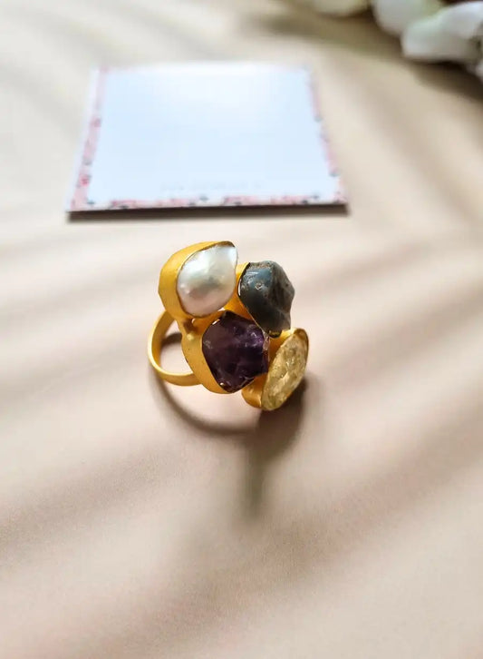 Golden Brass Natural Stone Finger Ring.