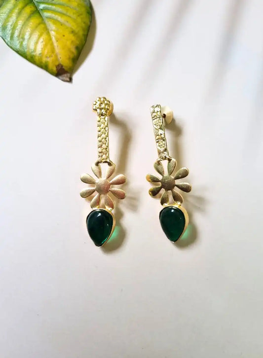 Golden Brass Pretty Green Stone Flower Earrings