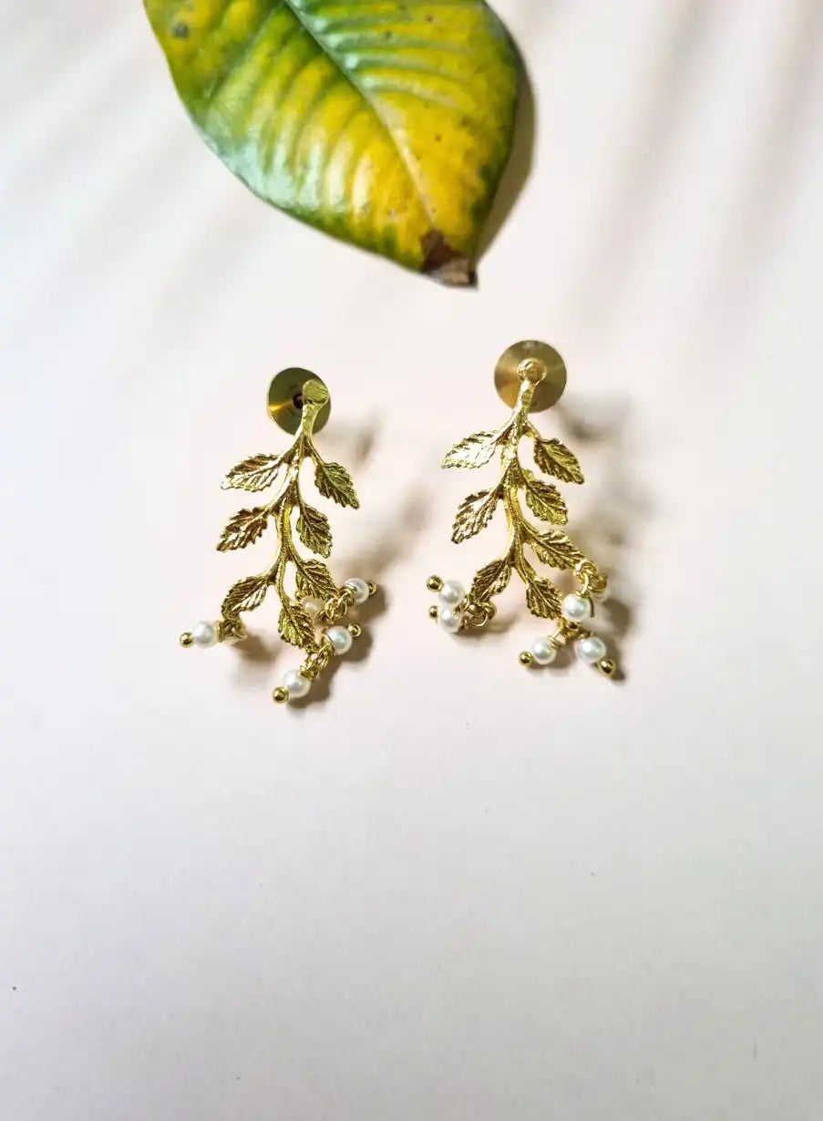 Golden Brass Leaf Ear Stud with White Beads