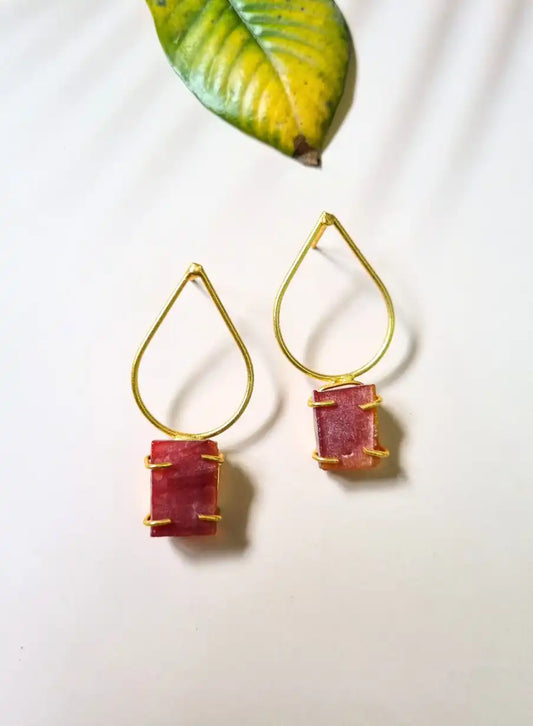 Golden Brass Pink Natural Stone Drop Earrings