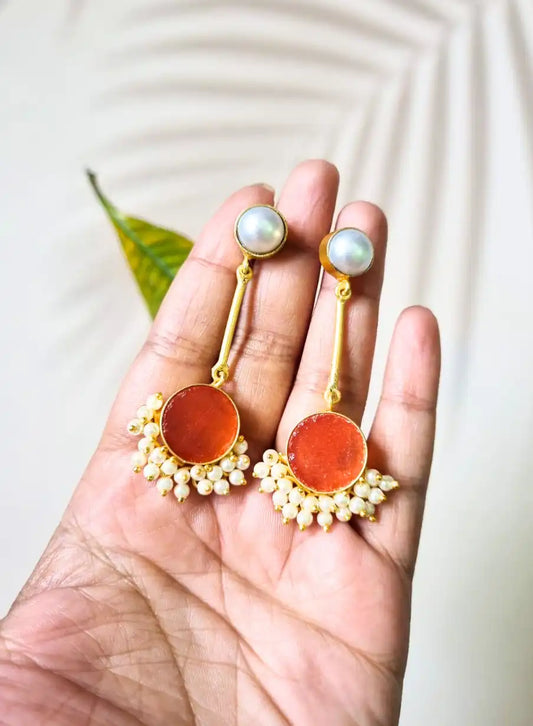 Golden Brass Orange Druzy Stone Earrings with Lahari Beads