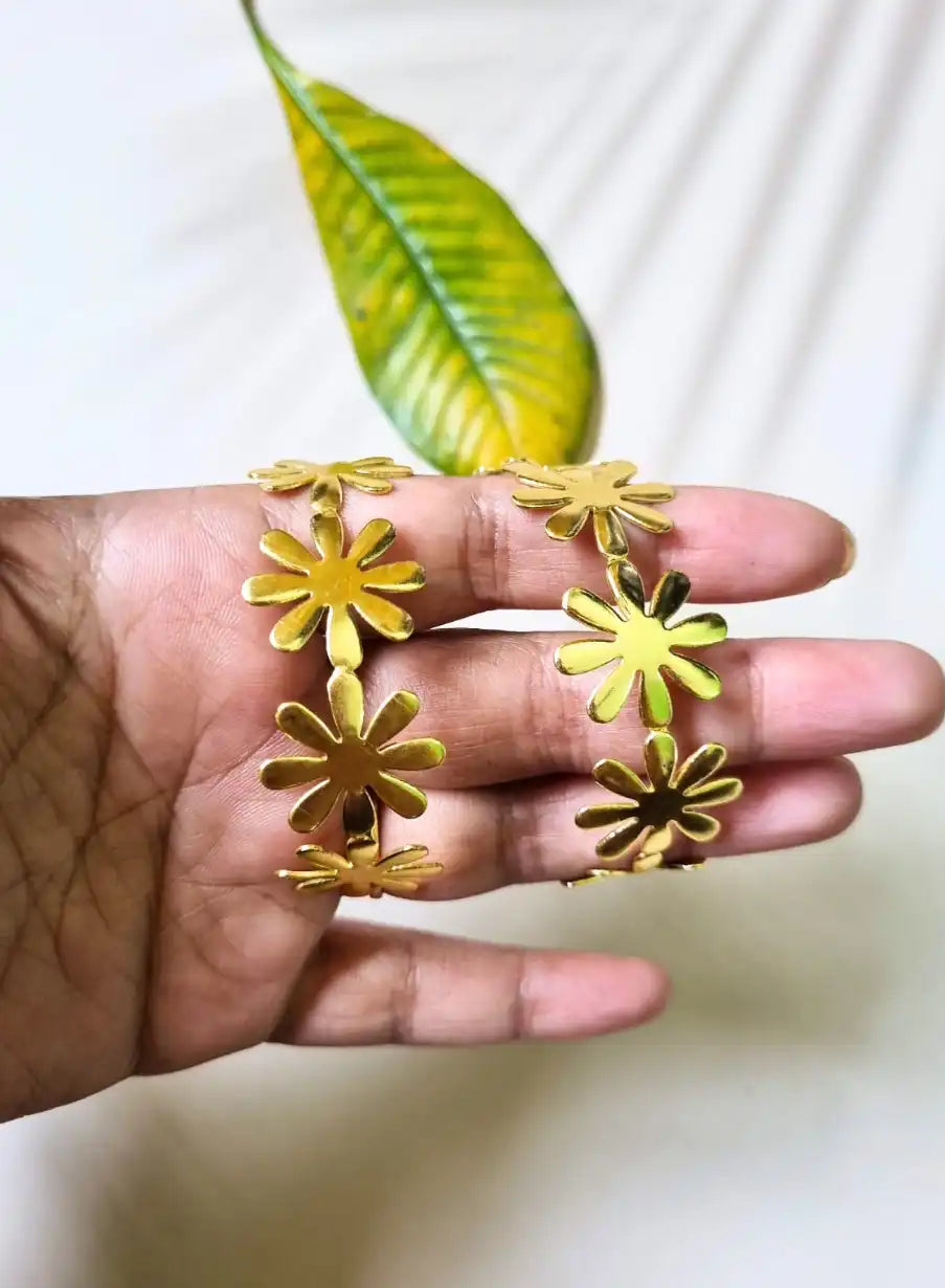 Golden Brass Trendy Flower Hoop Earrings