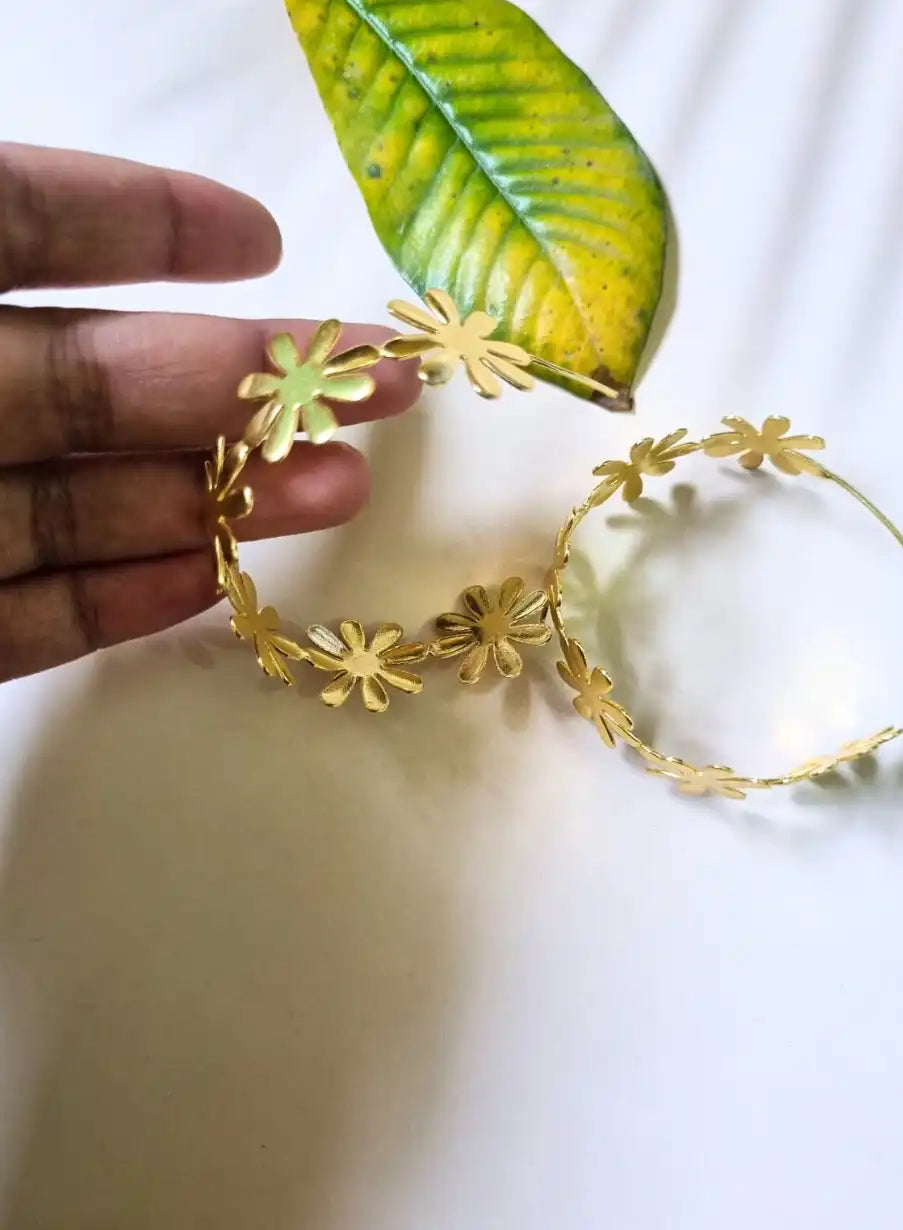 Golden Brass Trendy Flower Hoop Earrings