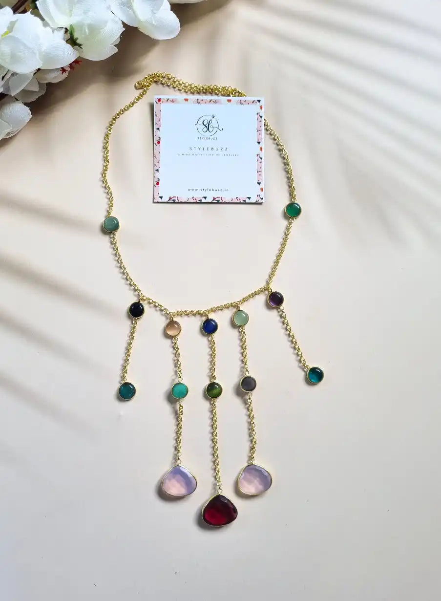 Golden Brass Adjustable Monalisha Stone Statement Necklace