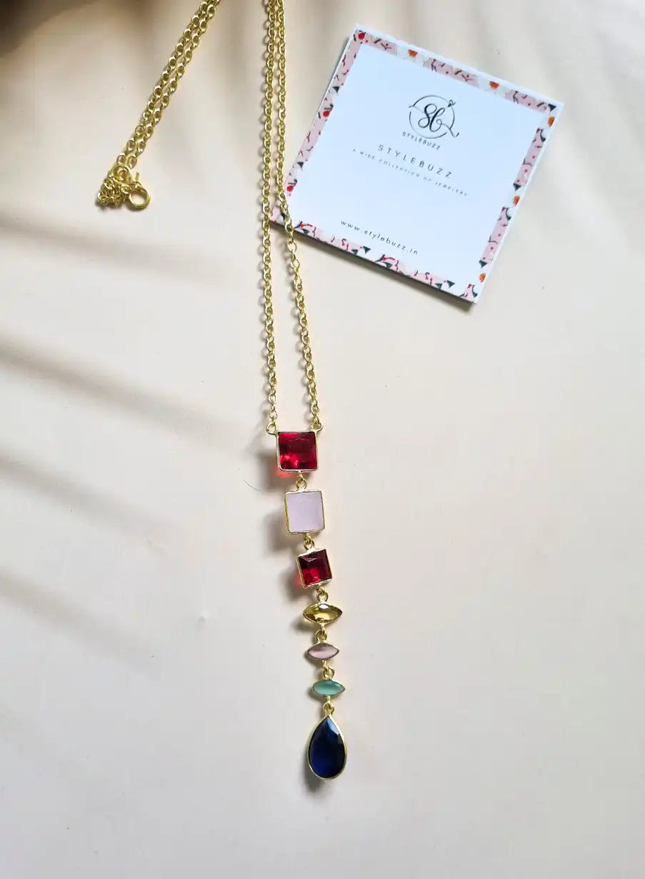 Golden Brass Multicolor Sleek Stone Adjustable Chain Necklace