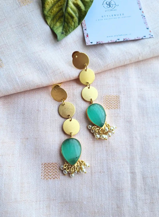 Golden Brass Multi Layered Sea-Green Monalisha Stone Long Earrings