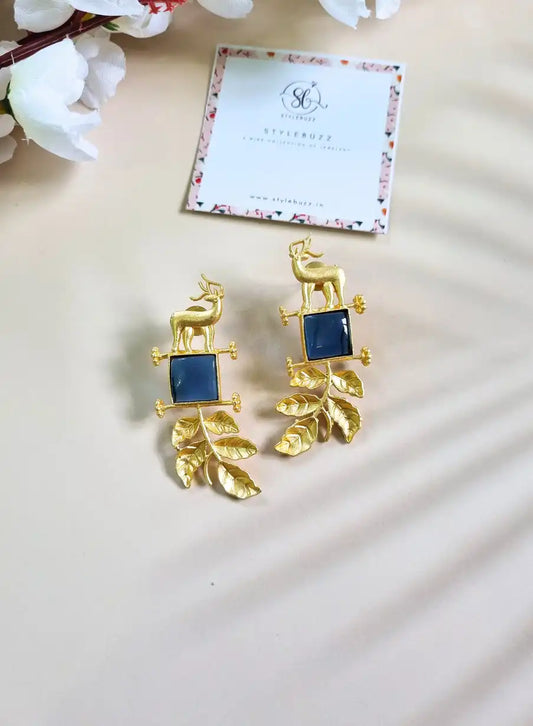 Brass Gold Plated Vintage Floral Blue Stone Earrings