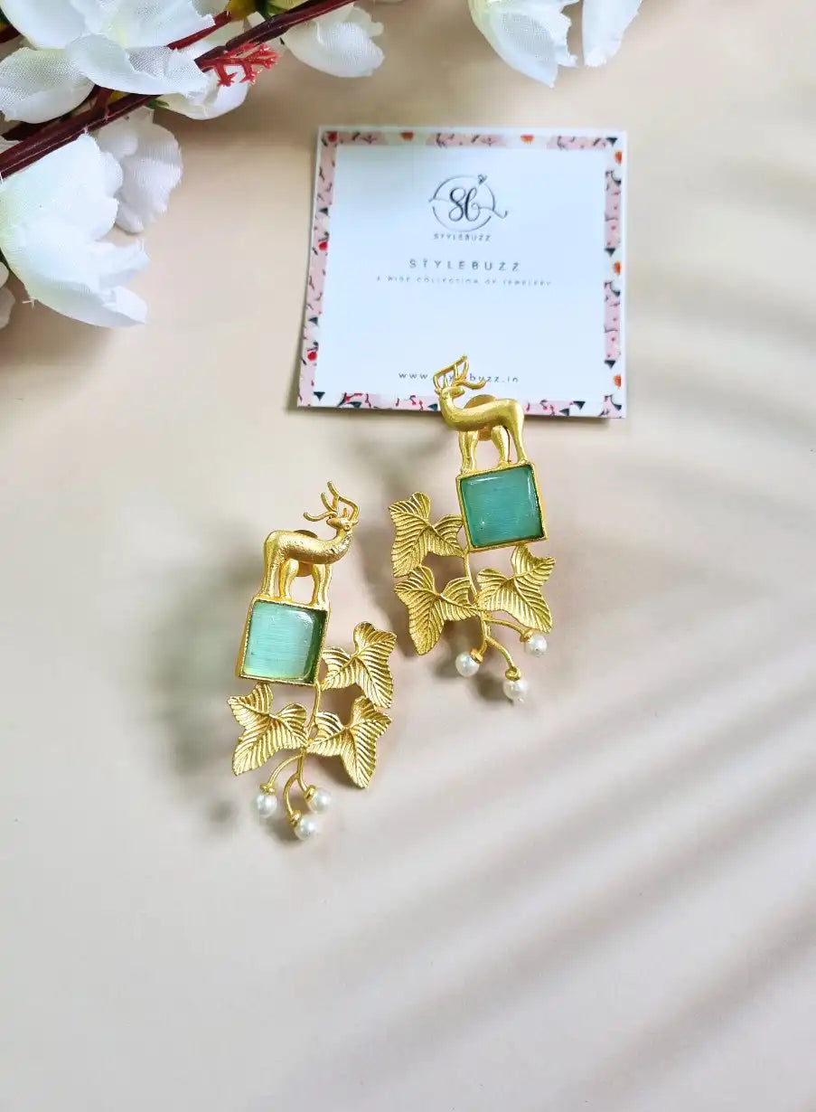 Brass Gold Plated Vintage Floral Sea-Green Stone Earrings