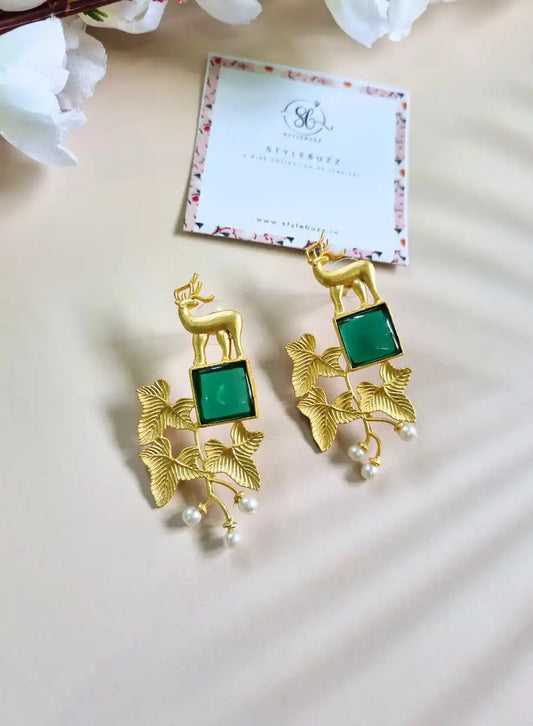 Brass Gold Plated Vintage Floral Green Stone Earrings