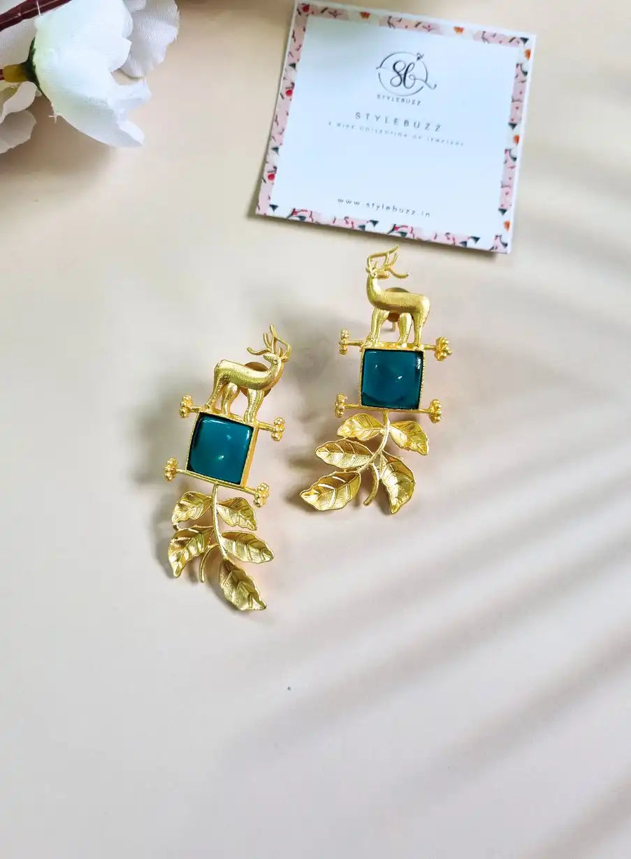 Brass Gold Plated Vintage Floral Sky-Blue Stone Earrings