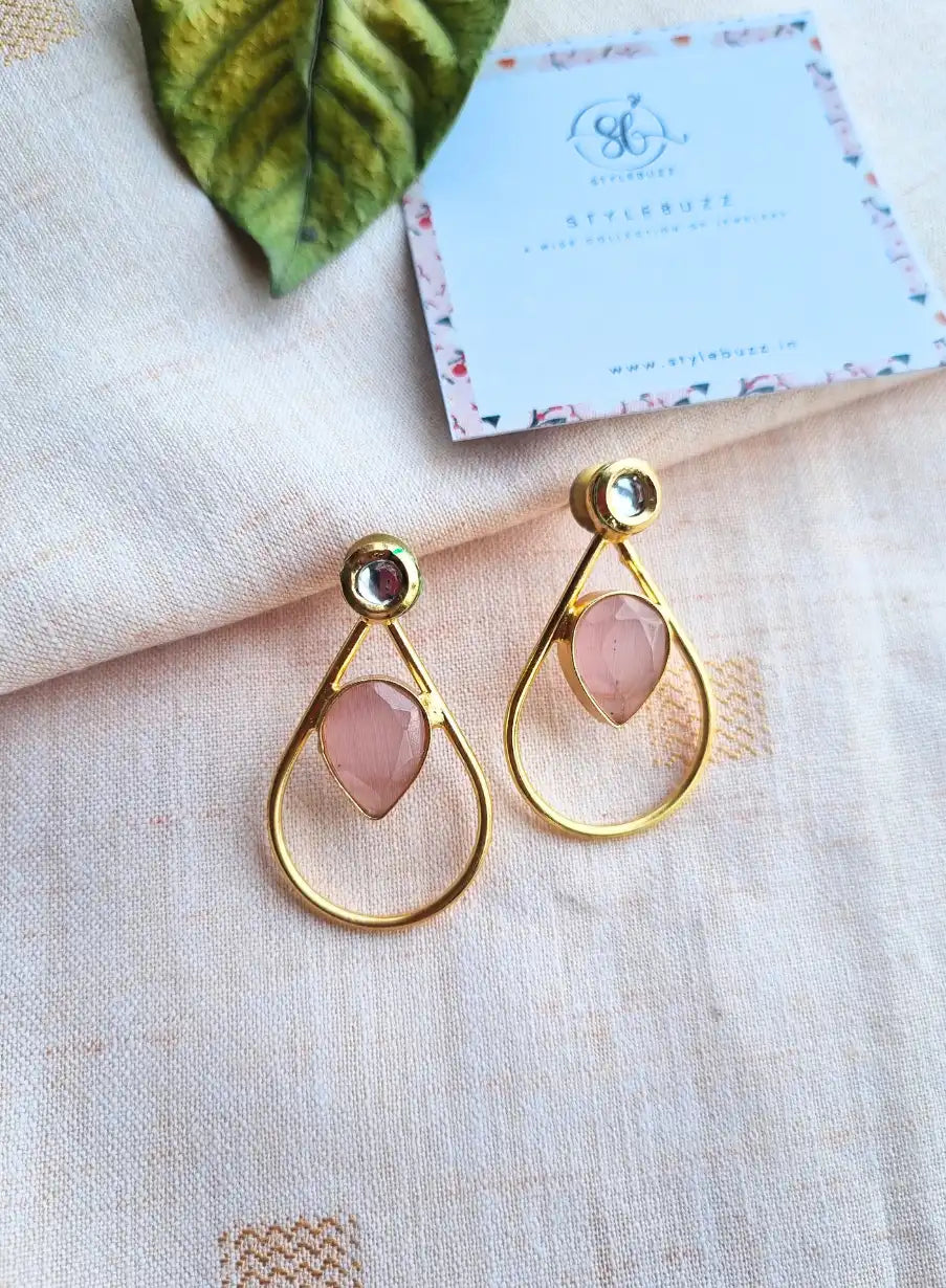 Golden Brass Lightweight Pink Monalisha Stone Earrings