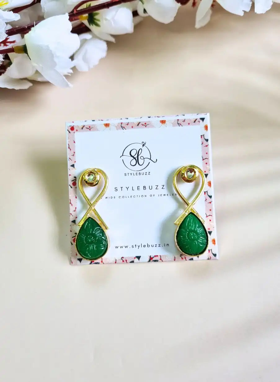 Golden Brass Drop Shape Green Monalisha Stone Earrings