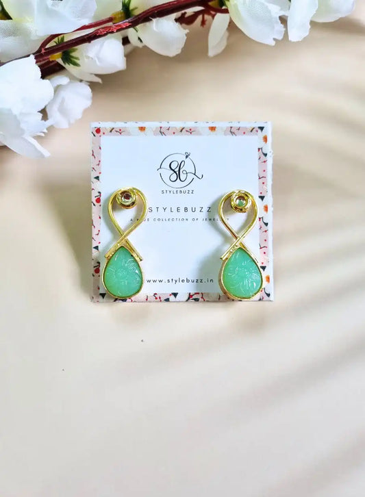 Golden Brass Drop Shape Mint-Green Monalisha Stone Earrings