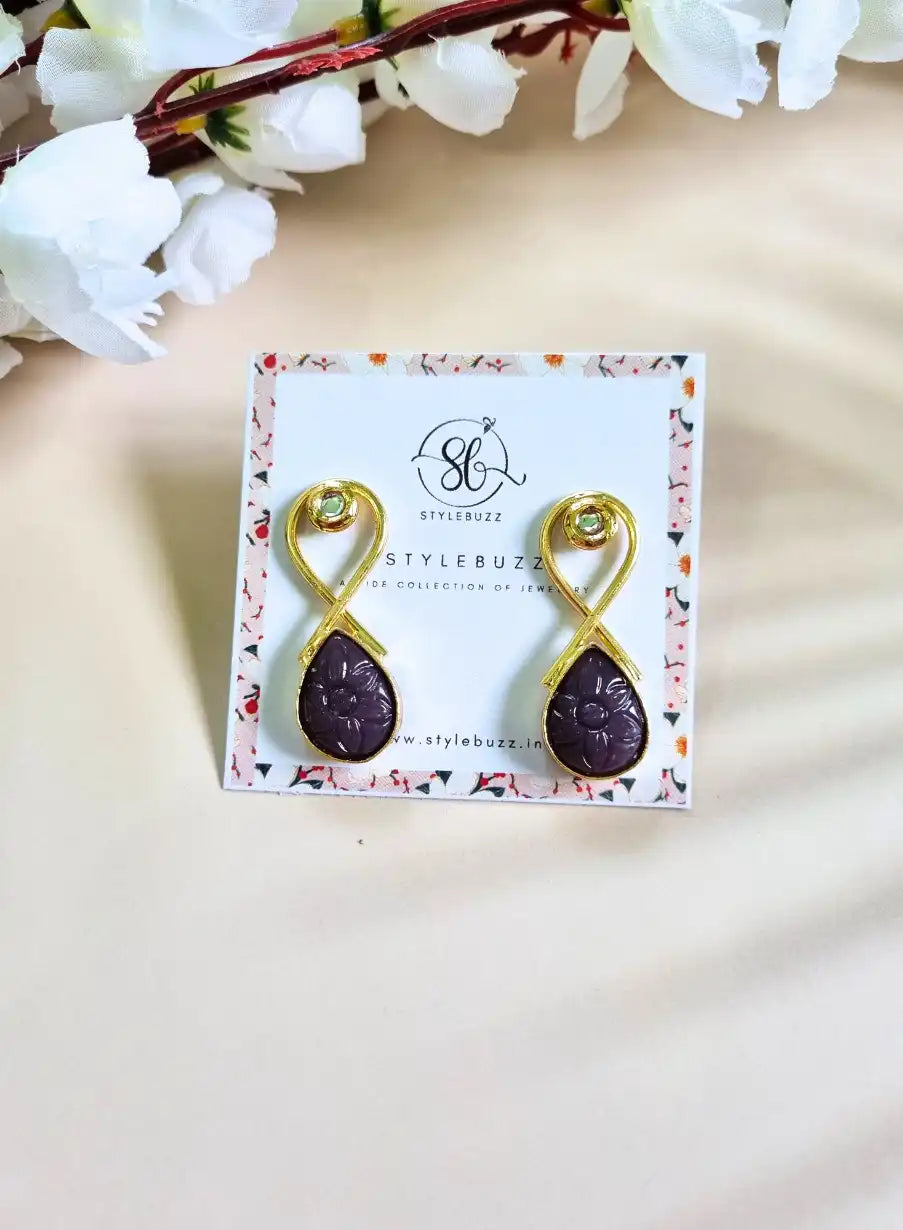 Golden Brass Drop Shape Purple Monalisha Stone Earrings