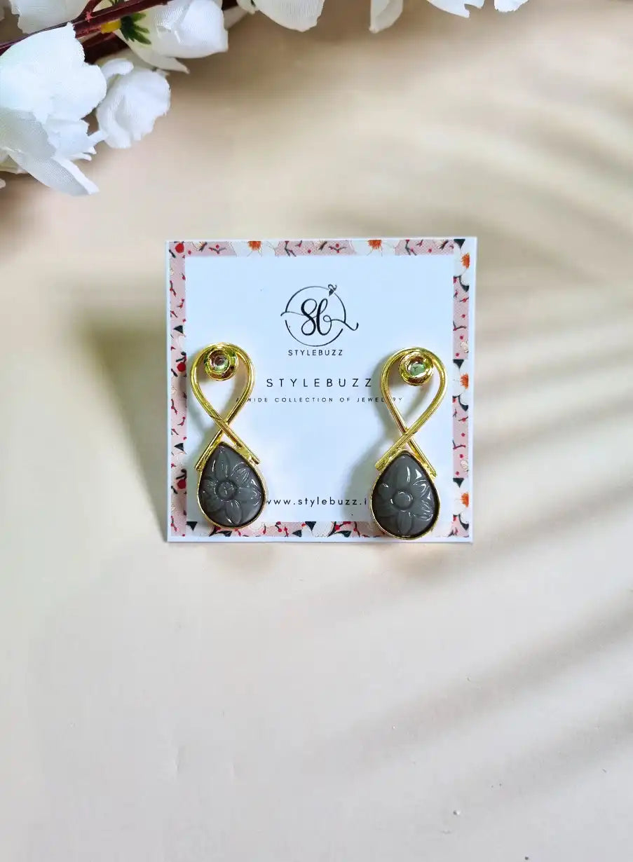 Golden Brass Drop Shape Grey Monalisha Stone Earrings.