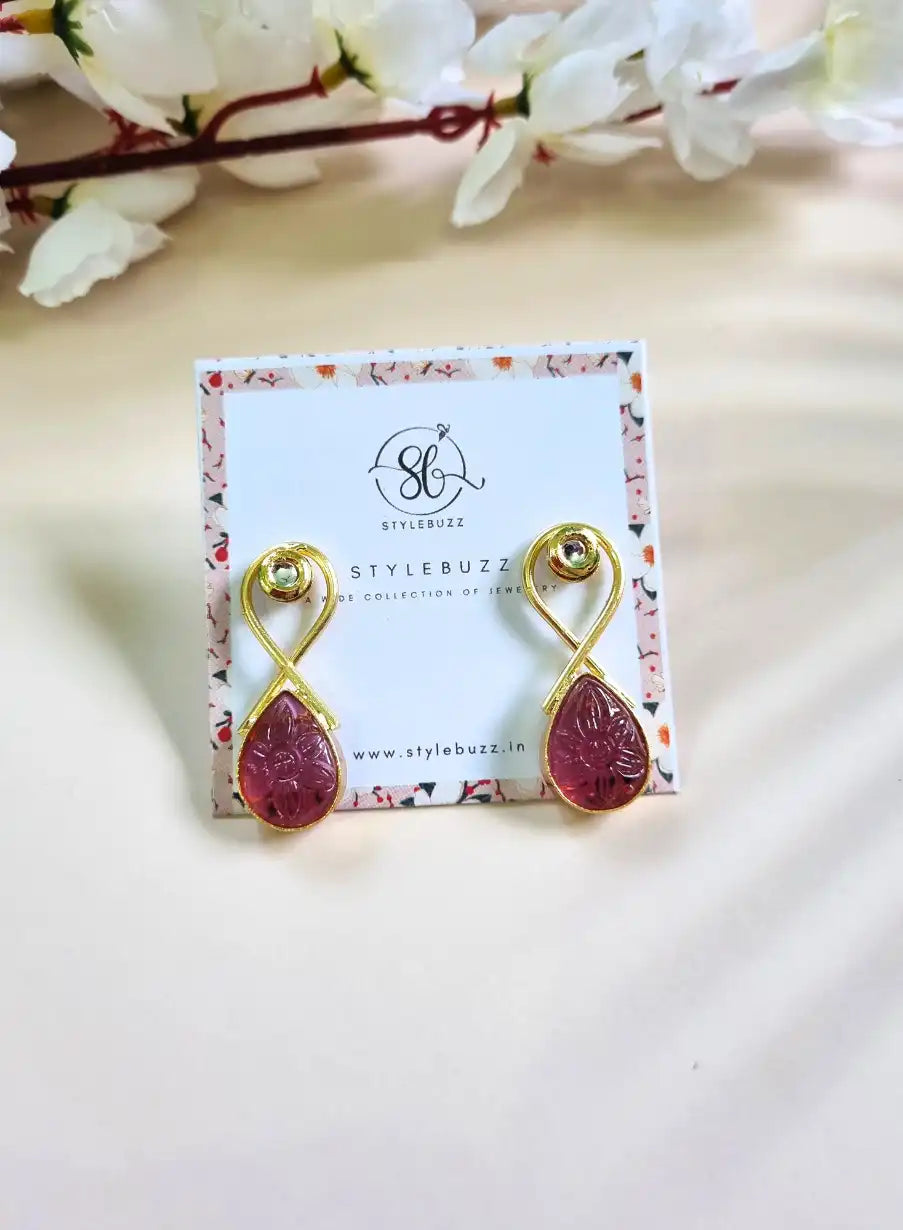 Golden Brass Drop Shape Pink Monalisha Stone Earrings