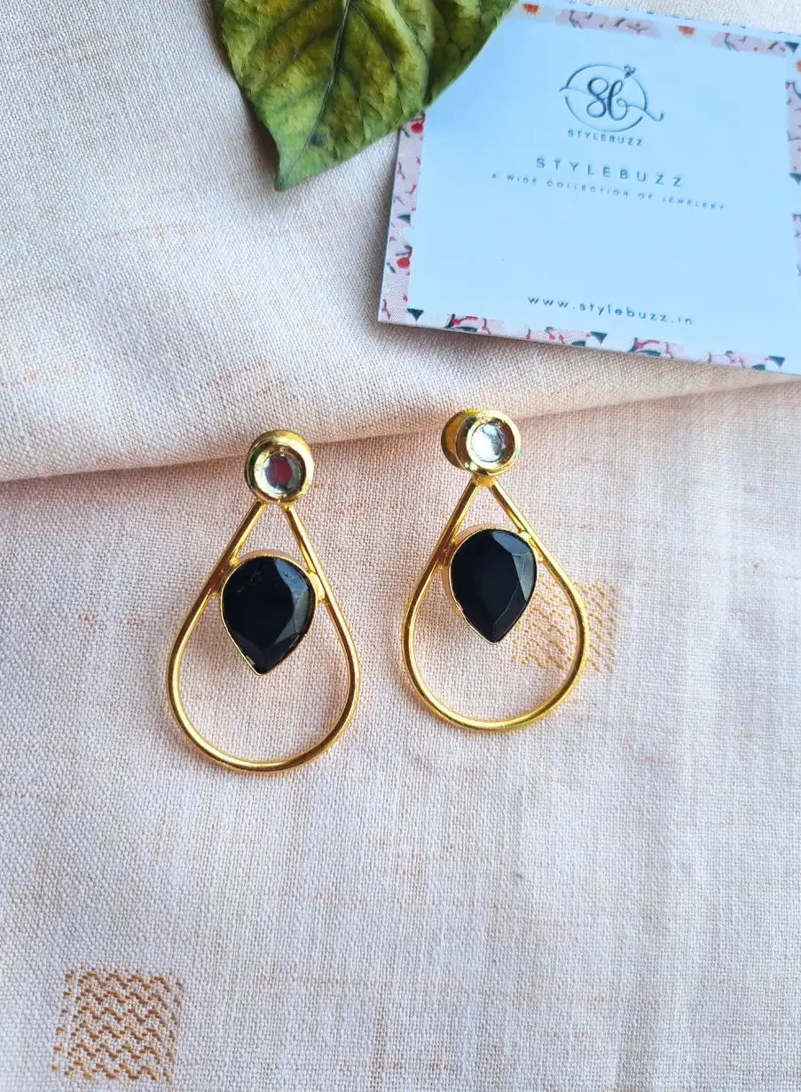 Golden Brass Lightweight Black Monalisha Stone Earrings