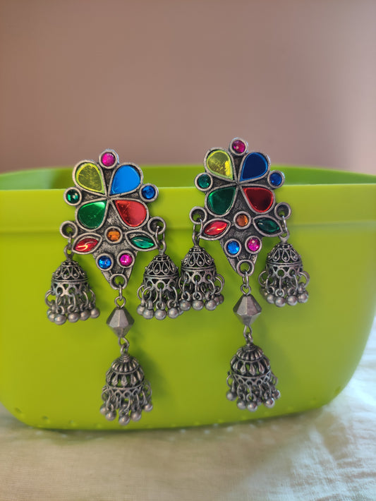 Black Polish multicolor Jhumka Earrings with ghungroo